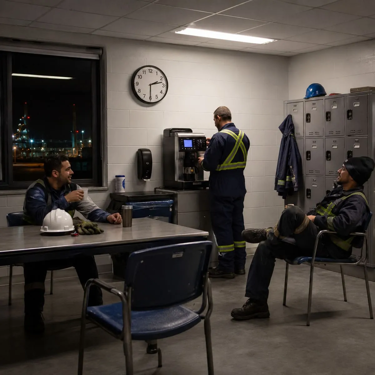 Salle de pause utilisée par des salariés travaillant de nuit en industrie