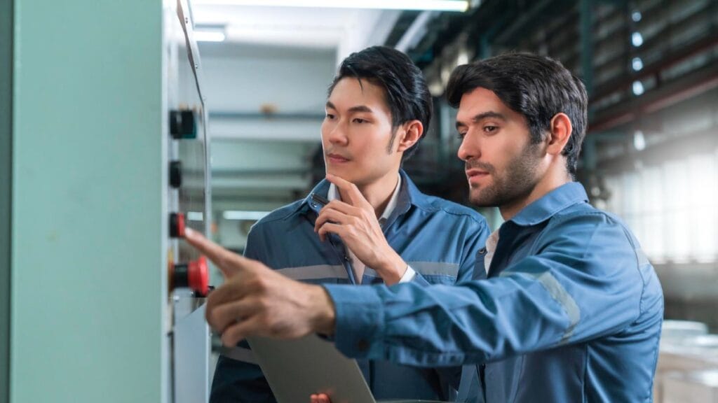 Équipe d’atelier réglant les consignes de chauffage et éteignant les machines en veille