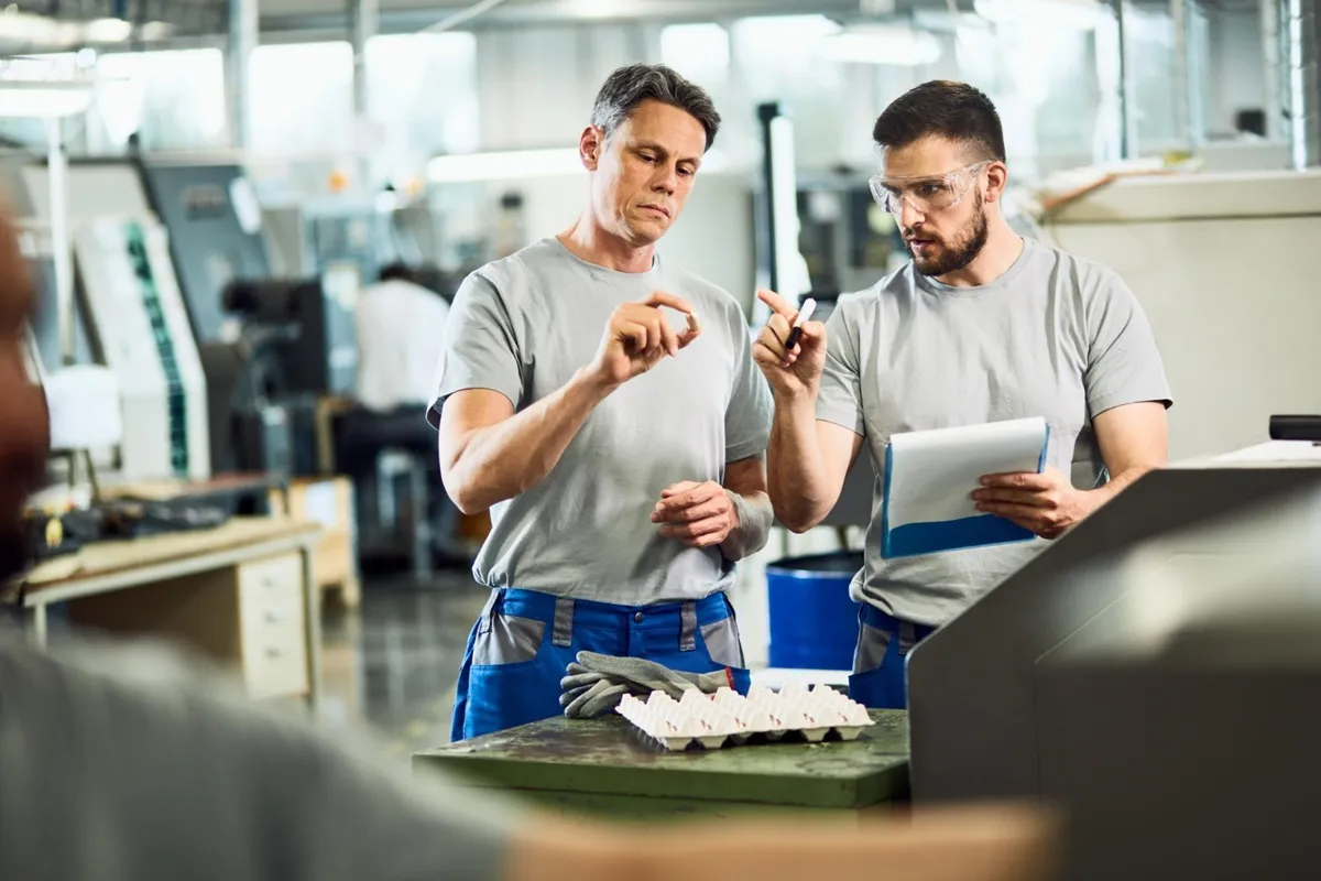 Deux professionnels échangeant dans une usine pendant le contrôle d’un équipement de production