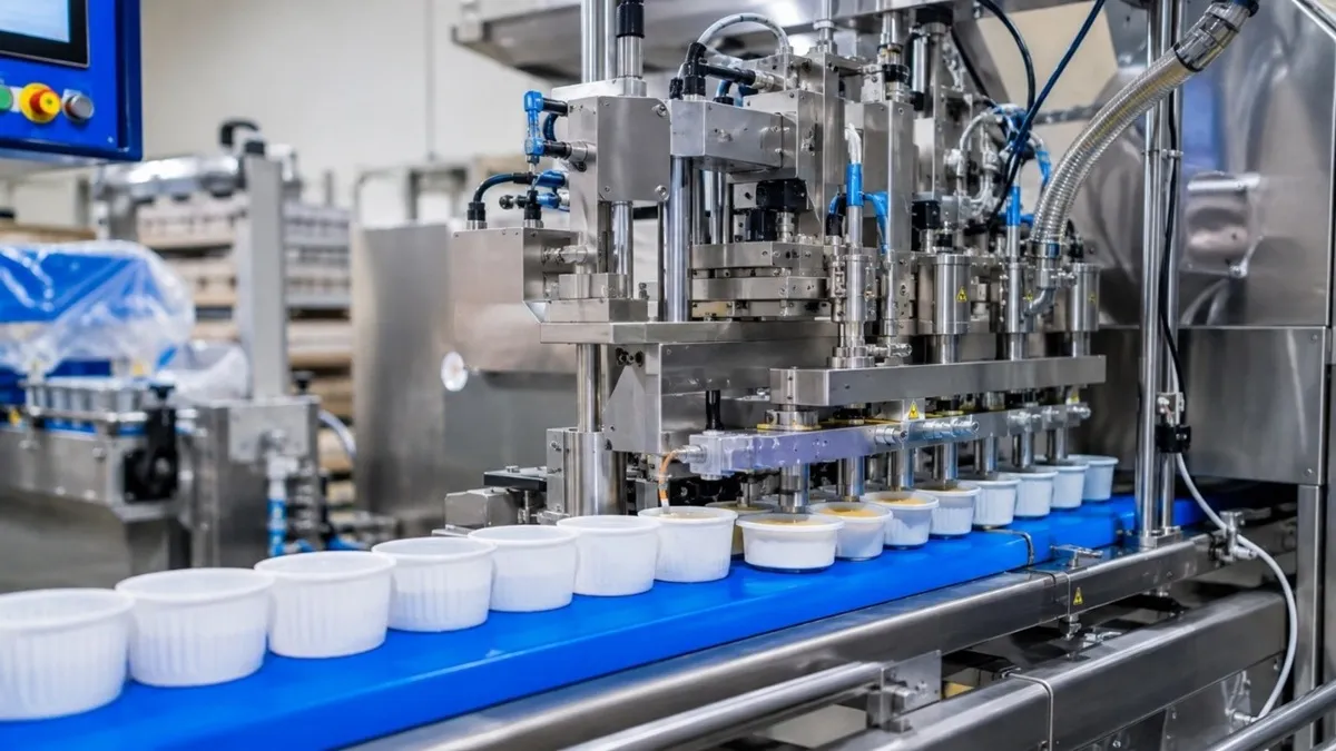 Une chaine industrielle sur laquelle se trouve des conditionnement pour l'agroalimentaire