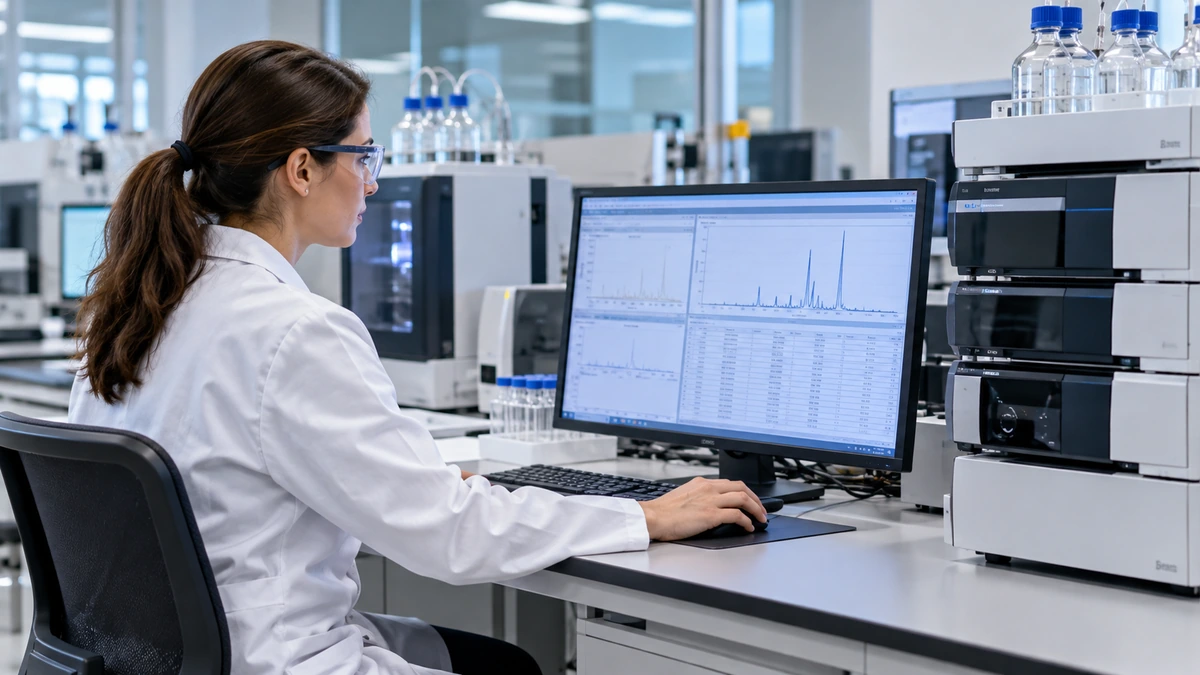 Technicienne de laboratoire consultant des graphiques et résultats d'analyses sur un ordinateur
