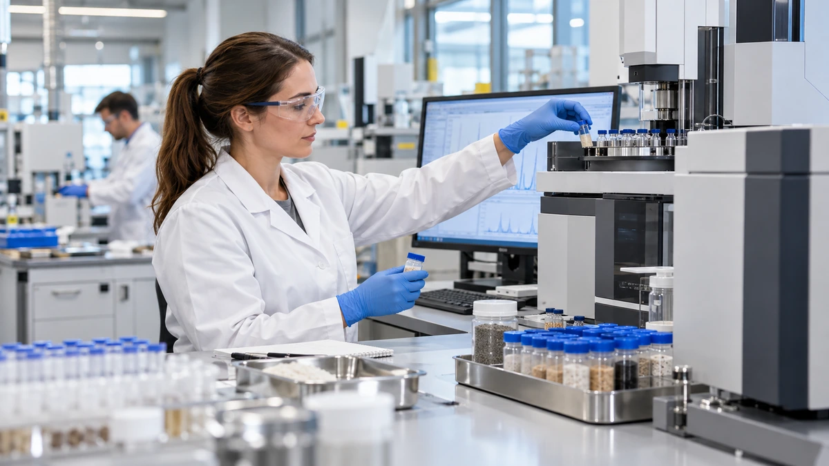 Technicienne manipulant des échantillons sur un équipement d'analyse dans un laboratoire industriel