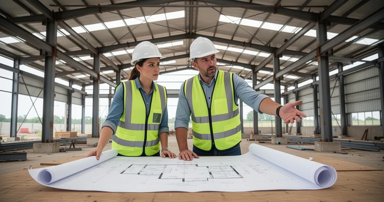 Deux ingénieurs étudient les plans d'une future unité de production industrielle