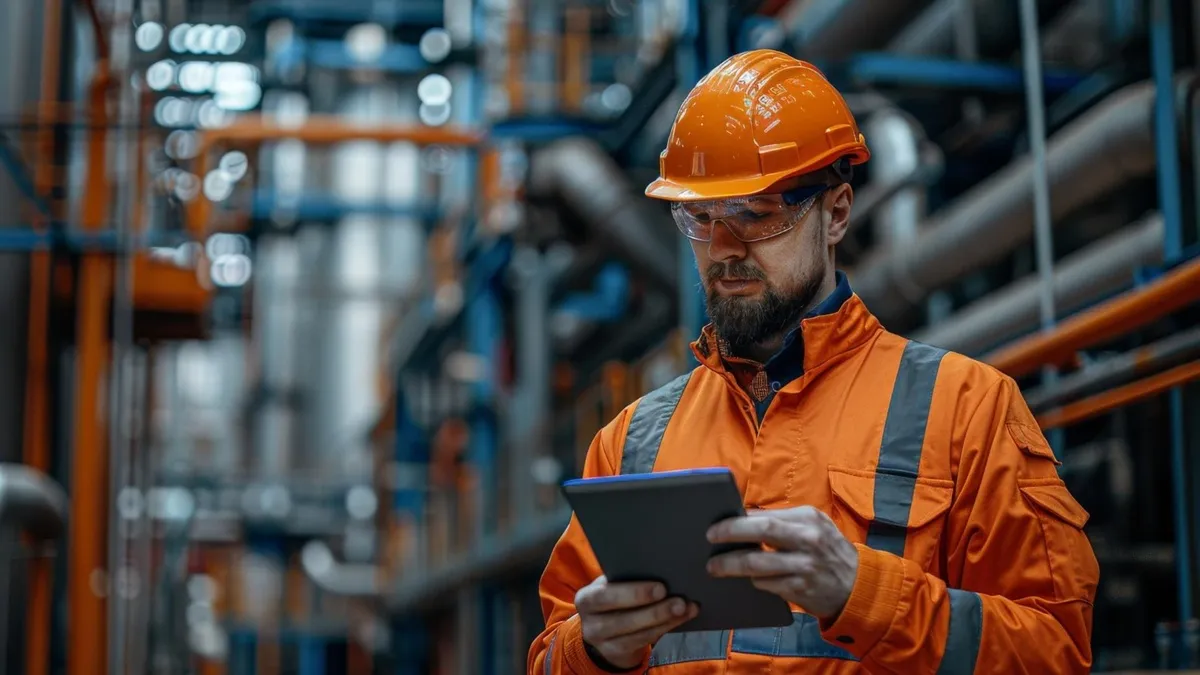 Technicien équipé d'un casque et d'un gilet de sécurité inspectant une installation industrielle