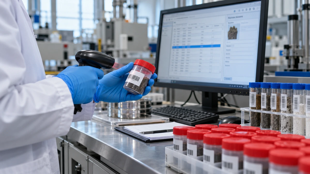 Technicienne identifiant un échantillon de laboratoire avec un lecteur de code-barres devant un ordinateur